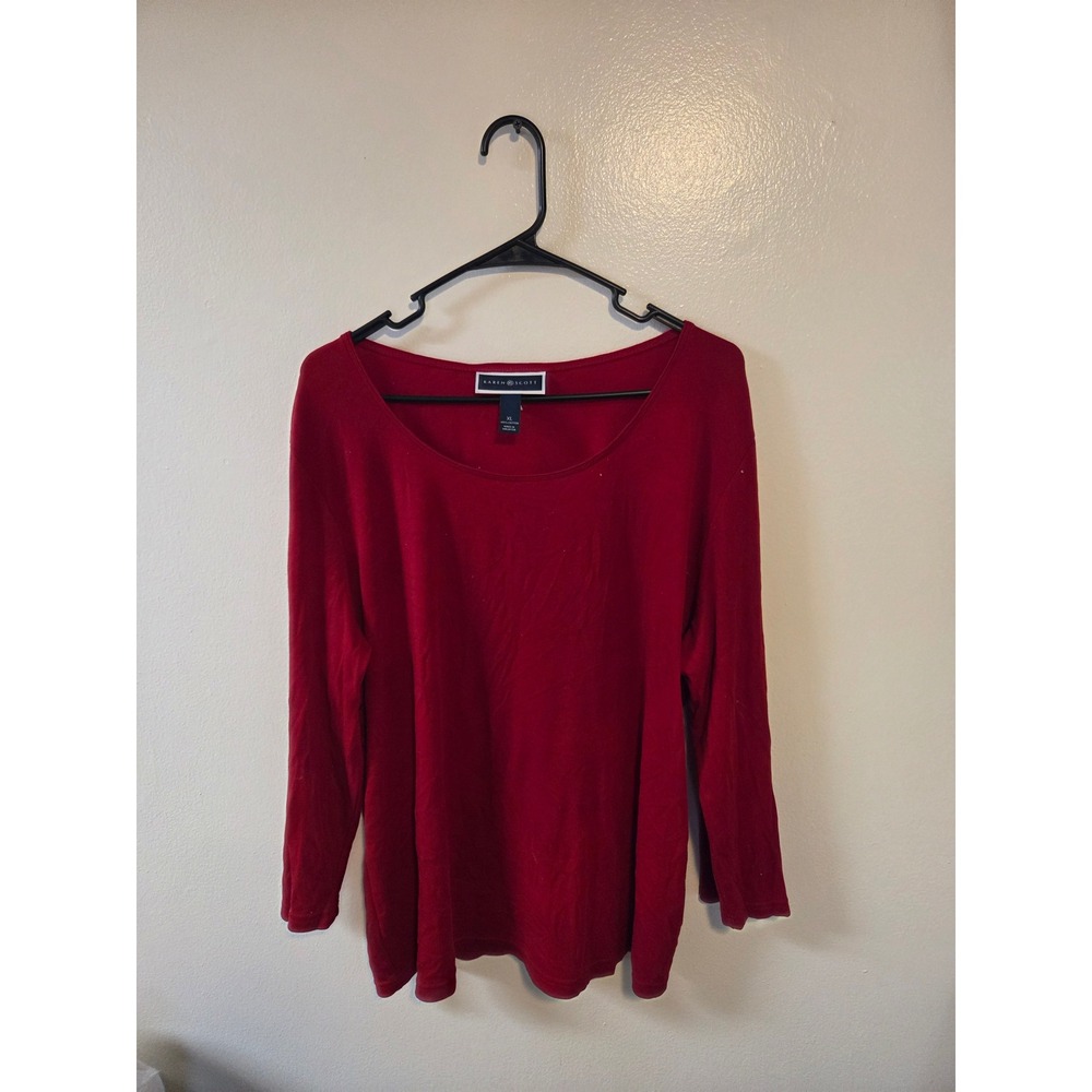Karen Scott Red Scoop Neck Long Sleeve Top 100% Cotton Size XL